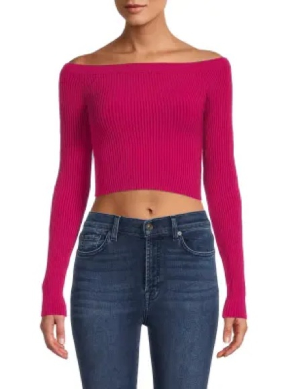 Alice + Olivia Jeanne Off-the-Shoulder Fuchsia Ribbed Crop Sweater